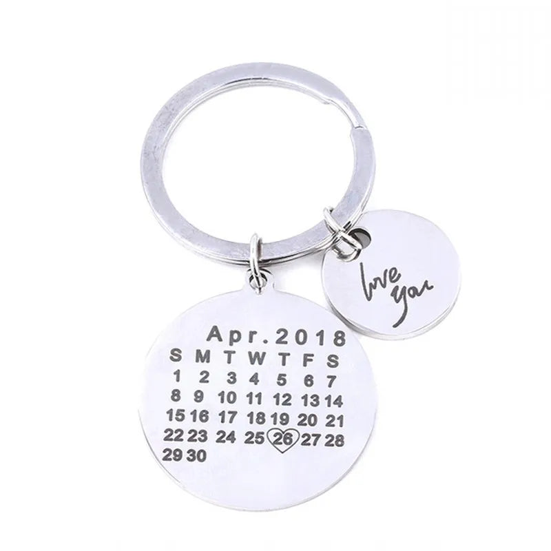 Calendar Keychain Circle Pendant Keyring Stainless Steel Engraved Date