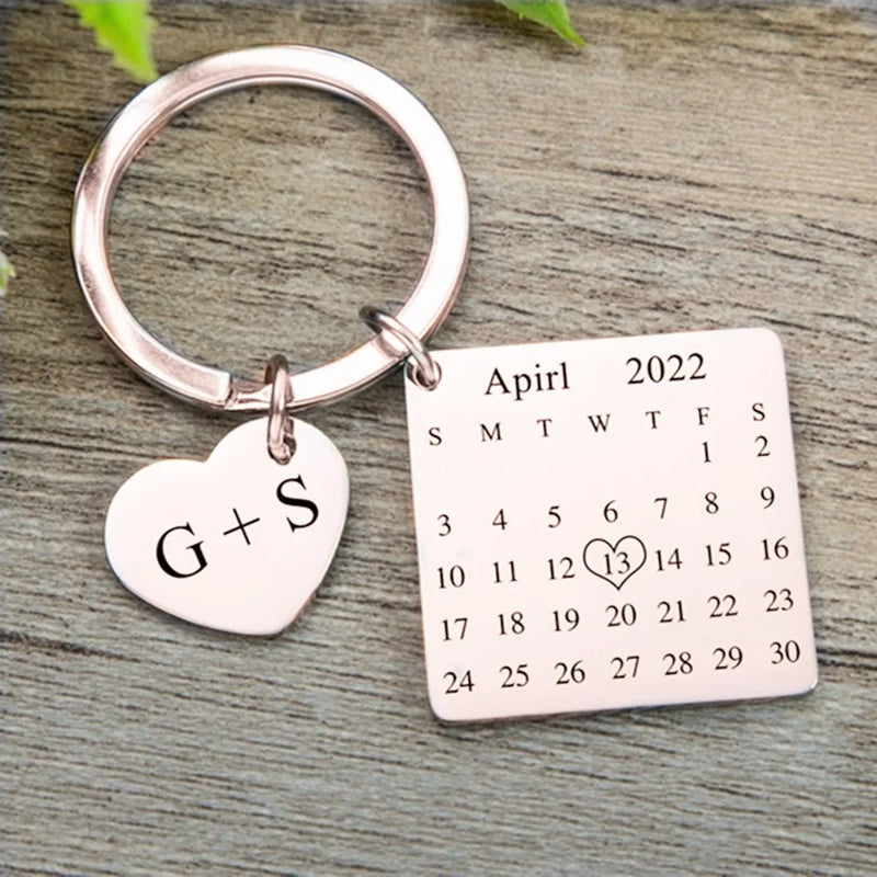 Calendar Keychain Stainless Steel Heart Keyring Wedding Personalized Gift