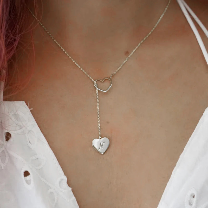 Initial Heart Pendant Necklace - Stainless Steel - Personalized