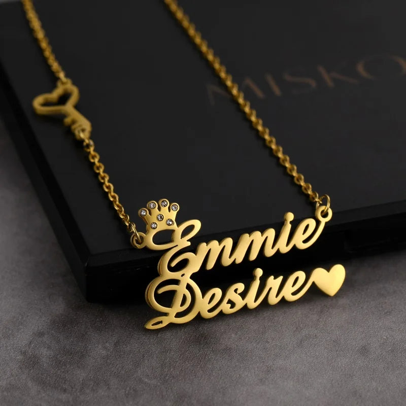 Stainless Steel Zircon Name Necklace Personalized Key Love Pendant