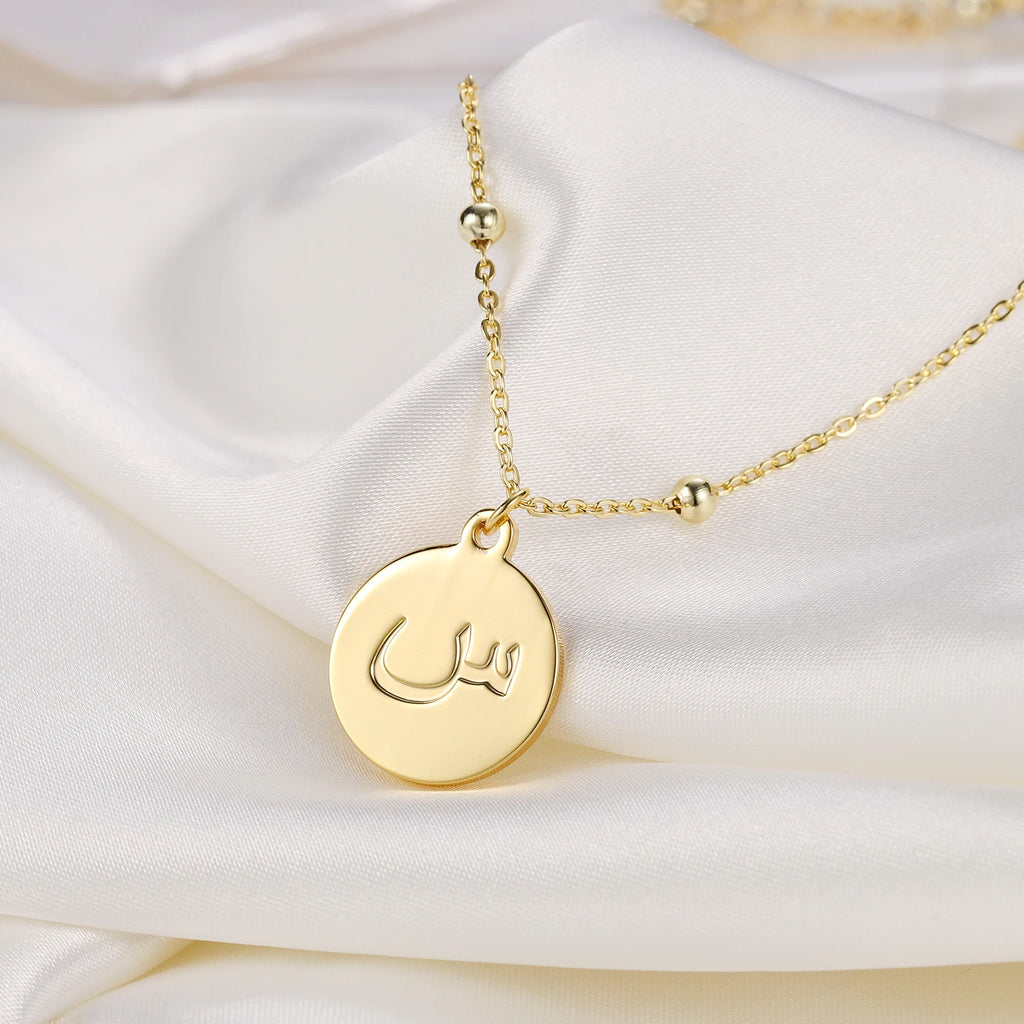 Arabic Letter Coin Necklace Vintage Choker Stainless Steel Personalise Nameplate