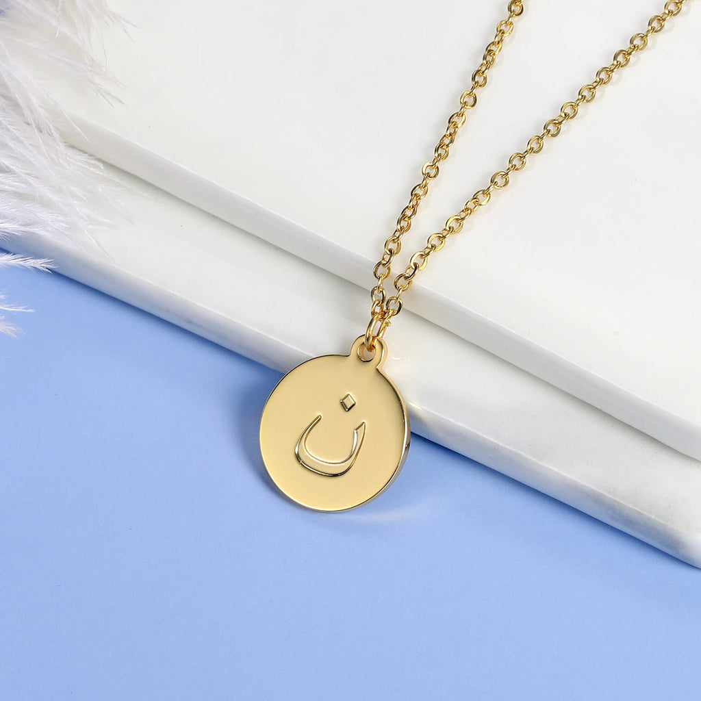 Arabic Letter Coin Necklace Vintage Choker Stainless Steel Personalise Nameplate