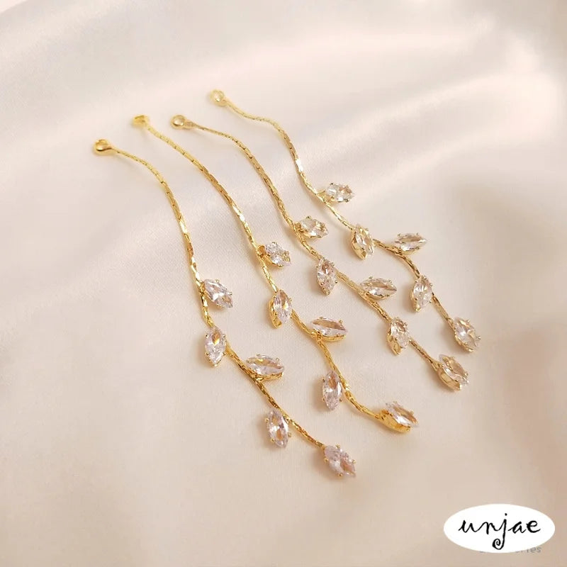 14K18K Golden Zircon Willow Leaf Tassel Stud Earrings DIY Accessories