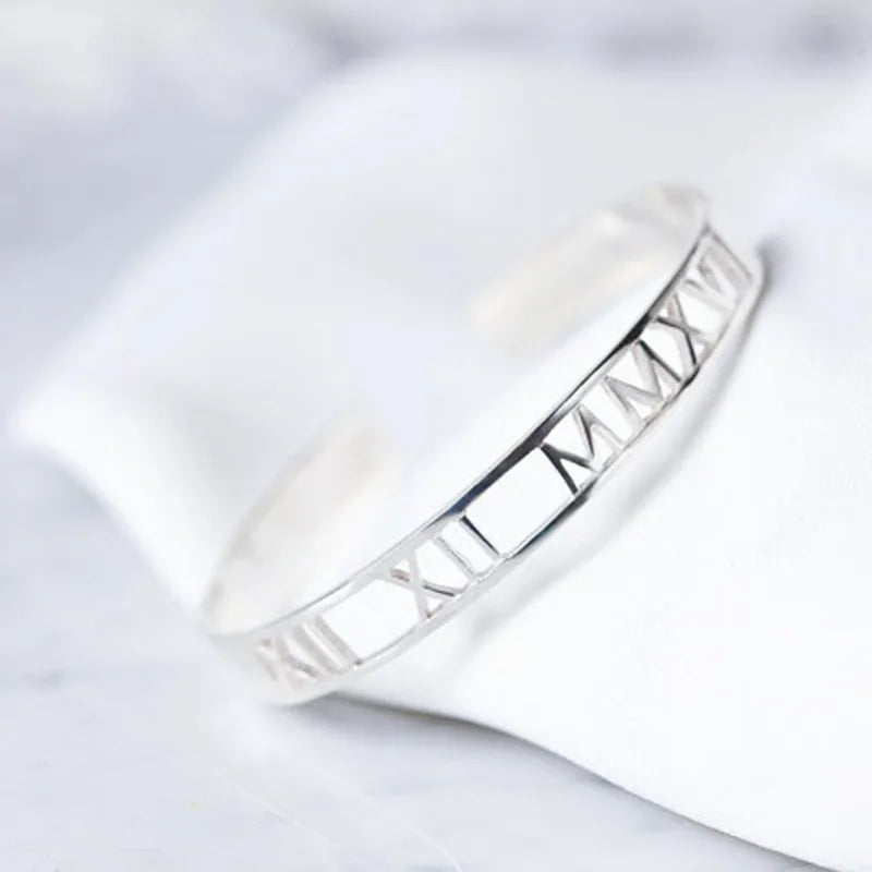 Custom Coordinates Cuff Bracelet Roman Numeral Date Bangle