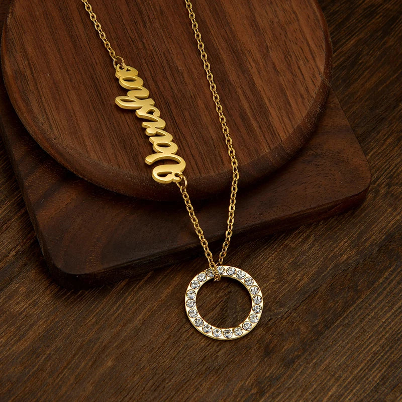 Couple Necklace Stainless Steel Nameplate Personalized Rhinestone Pendant