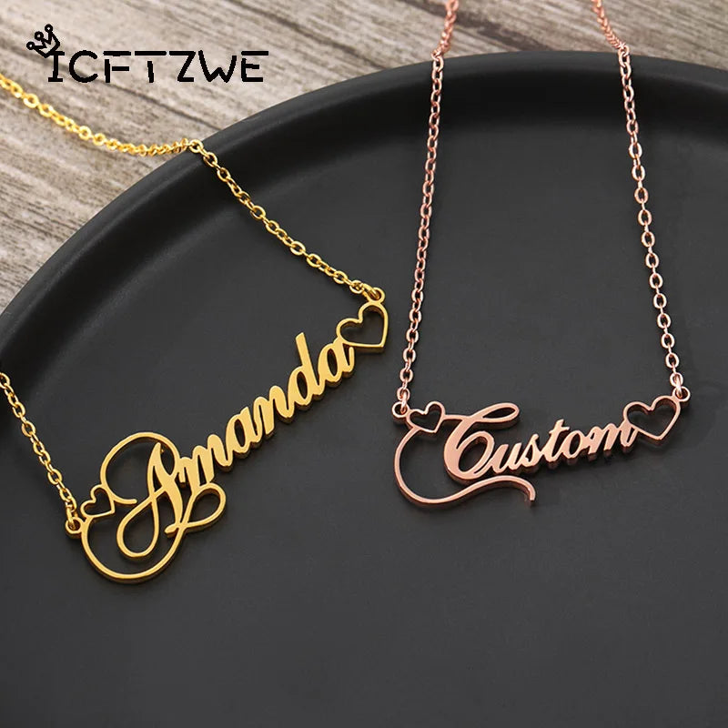 Crown Heart Name Necklaces - Stainless Steel Nameplate Crown Font
