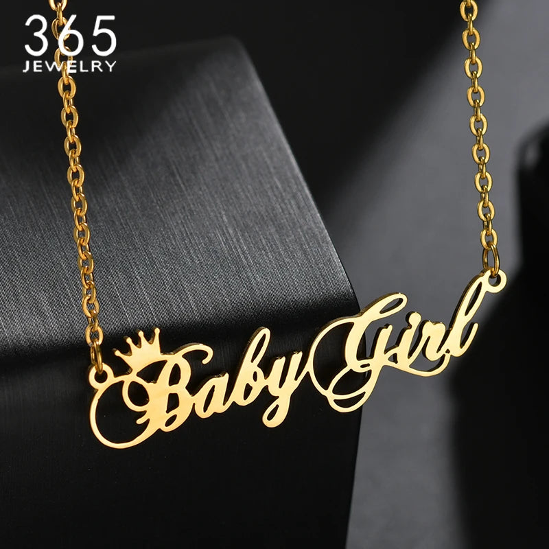 Crown Name Necklace Stainless Steel Chain Cursive Font Nameplate Babygirl Choker