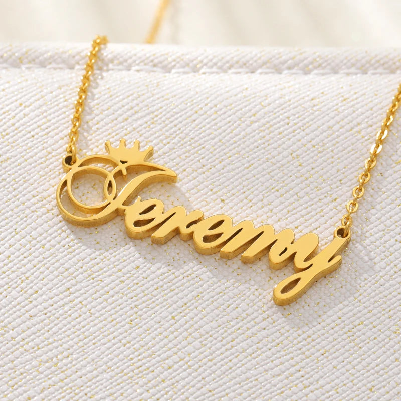 Crown Name Pendant Necklace Nameplate for Women Kids Stainless Steel Chain