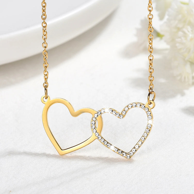 Crystal Double-heart Necklace - Stainless Steel Pendant Jewelry