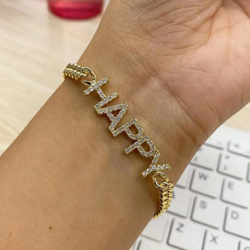 Crystal Name Bracelet With Cuban Chain Personalized Name Bracelet