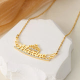 Crystal Name Necklace Crown&Wings Pendant Stainless Steel 18K Plated