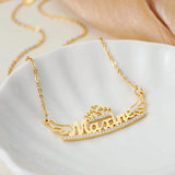 Crystal Name Necklace Crown&Wings Pendant Stainless Steel 18K Plated