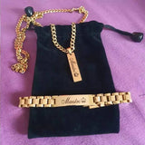 Cuban Chain Name Necklace Big Bangle Jewelry Set