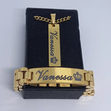 Cuban Chain Name Necklace Big Bangle Jewelry Set