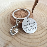 Date Fish Hook Men Women Keychain Engraved Pendant Stainless