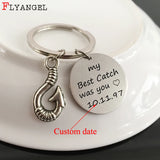 Date Fish Hook Men Women Keychain Engraved Pendant Stainless