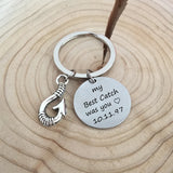 Date Fish Hook Men Women Keychain Engraved Pendant Stainless