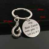 Date Fish Hook Men Women Keychain Engraved Pendant Stainless
