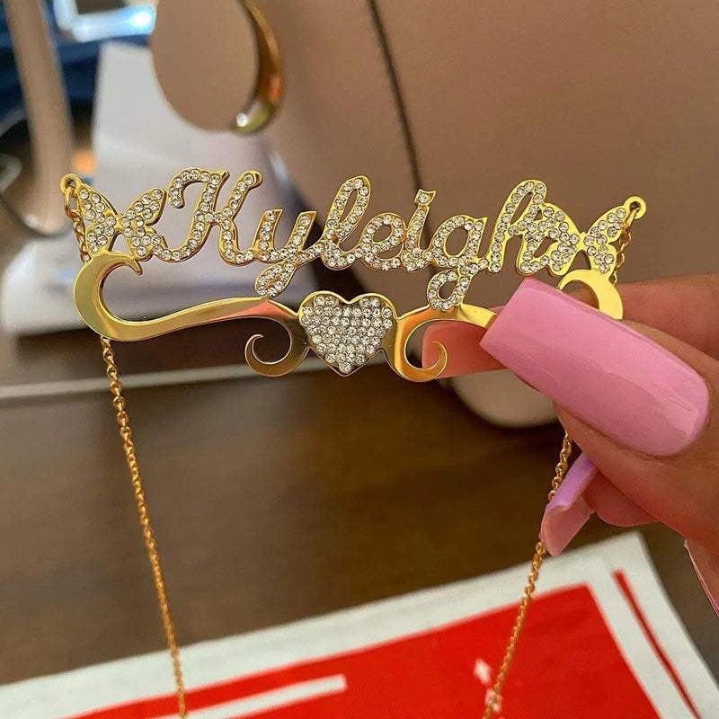 Personalized Diamond Name Necklace Heart Butterfly Pendant