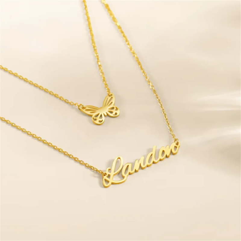 Double Chain Butterfly Name Necklace for Women Girls