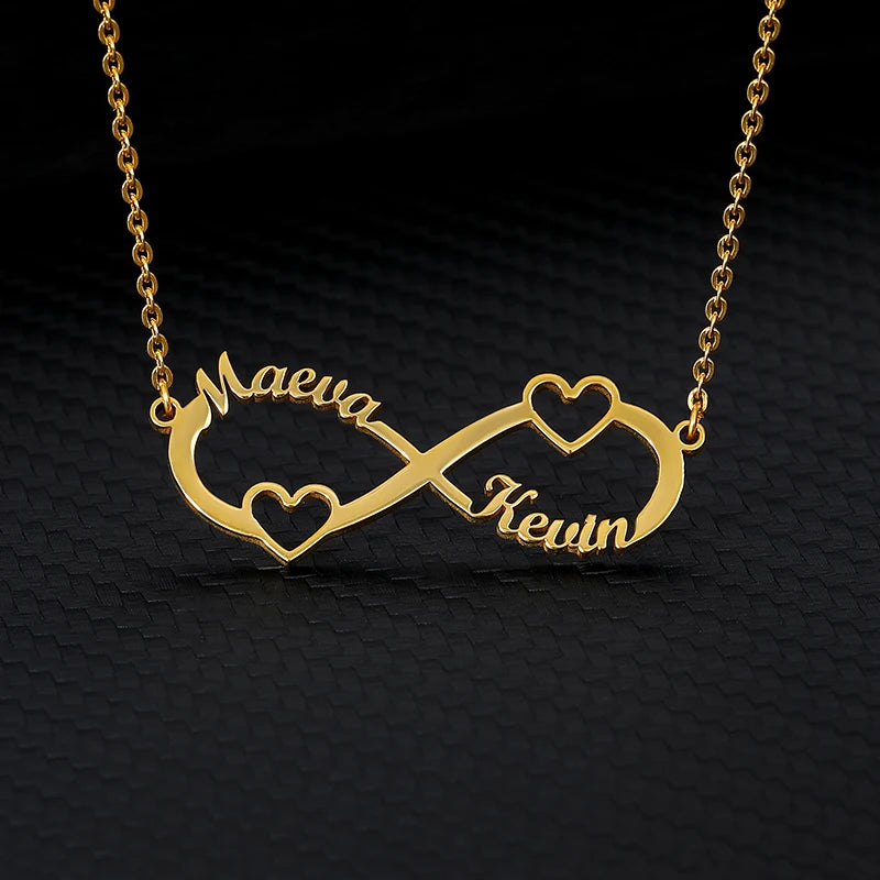 Double Heart Infinity Necklace 2 Names Women Stainless Steel Pendant