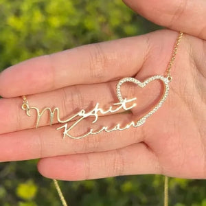 Double Name Necklace With Heart Diamond Nameplate For Women
