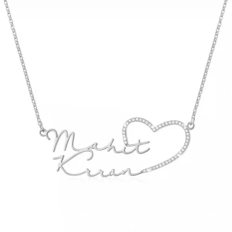 Double Name Necklace With Heart Diamond Nameplate For Women