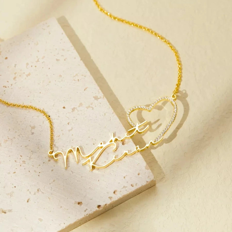 Double Name Necklace With Heart Stainless Steel Personalized Pendant