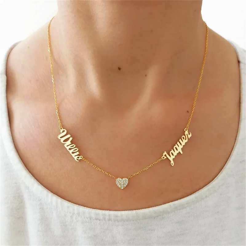 Heart Diamond Double Name Necklace Personalized Wedding Jewelry Gift