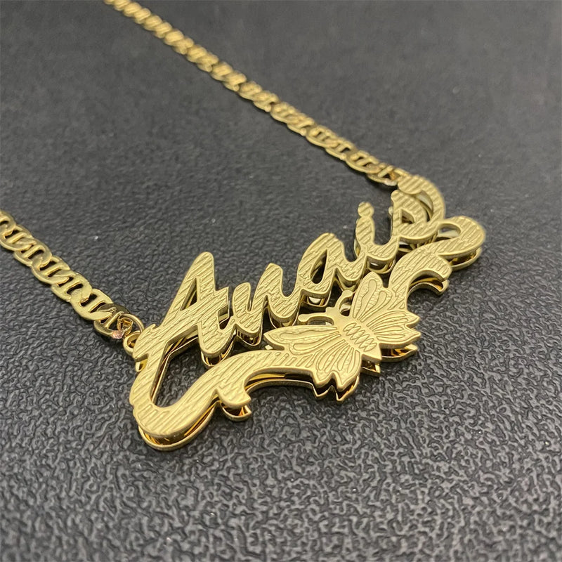 Butterfly Nameplate Necklace Personalized Stainless Steel 3D Name Pendant