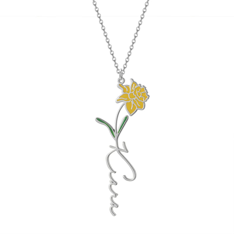 Enamel Birthday Flower Name Necklace-925 Silver Mothers Minimalist Jewelry