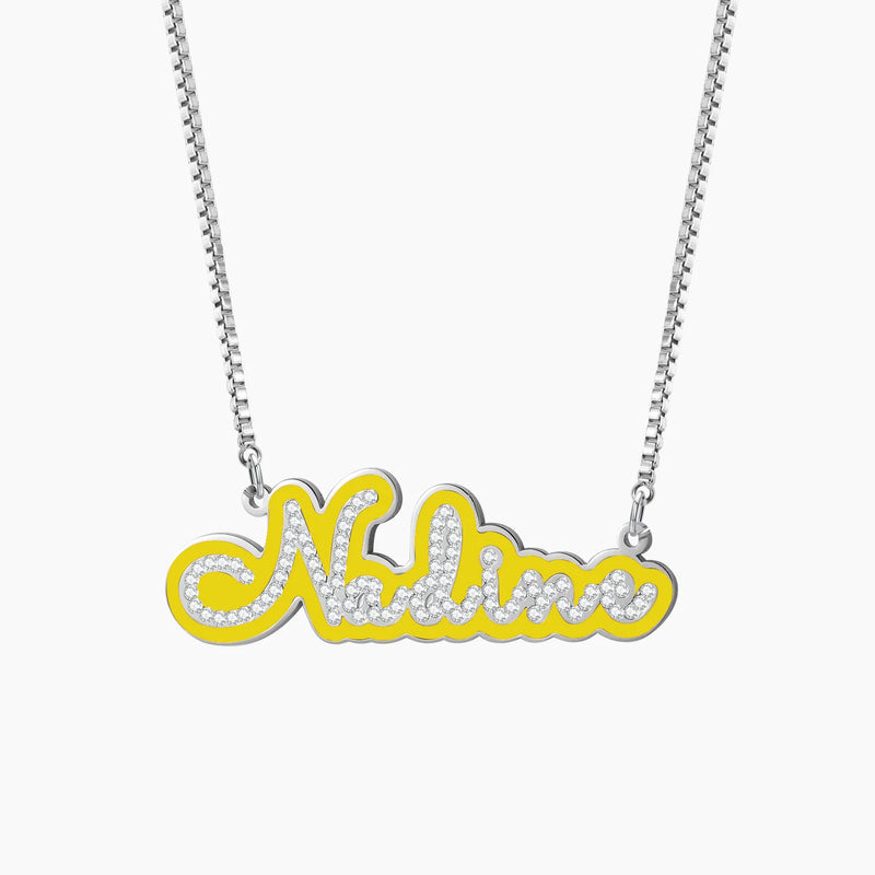 Enamel Name Necklace With Zircon Crystal Nameplate Pendant