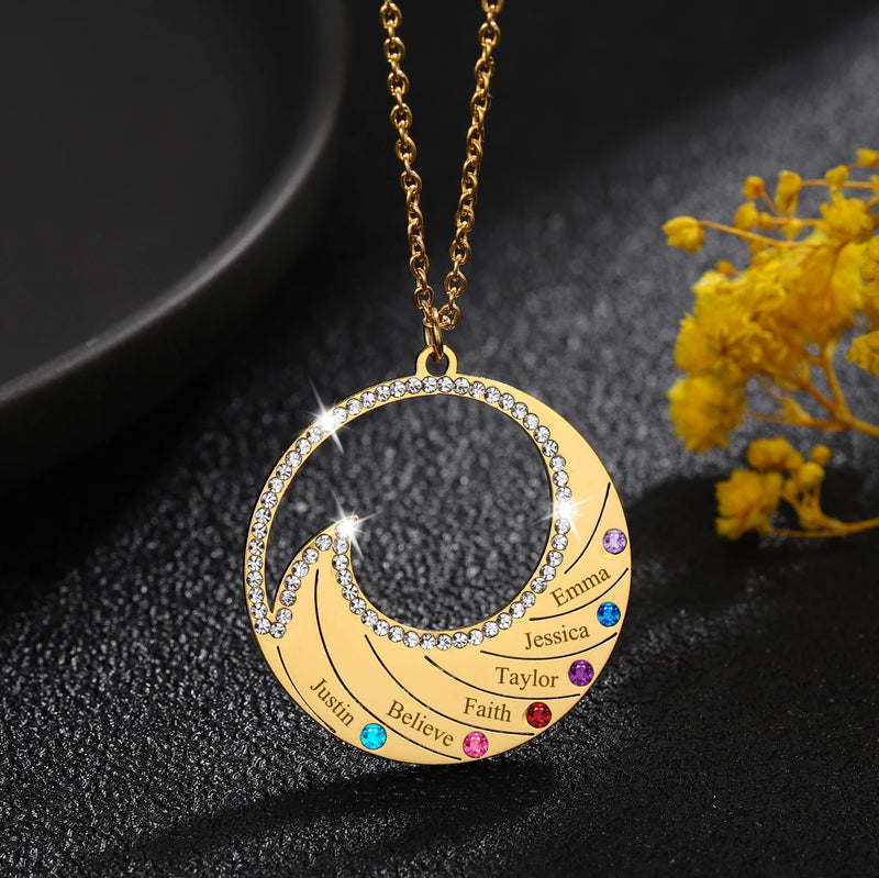 Personalized Name Pendant with Birthstone & Family Chain - Stainless Steel