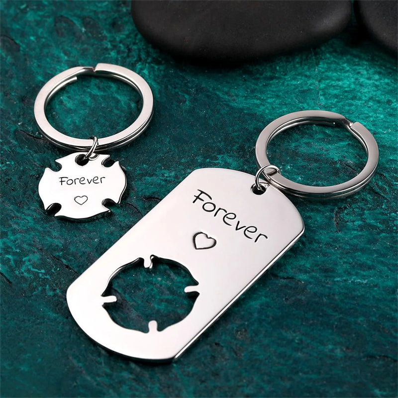 Engraved Couple Keychain Set Clover Dog Tag Stainless Steel Name Keyring