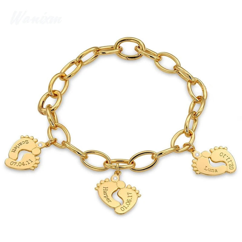 Engraved Name Baby Feet Bracelet Stainless Steel Personalized Crystal Birthstone