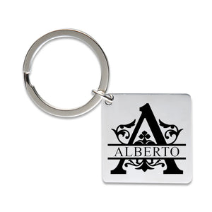 Engraved Name Initials Key Chain Square Stainless Steel Keychain