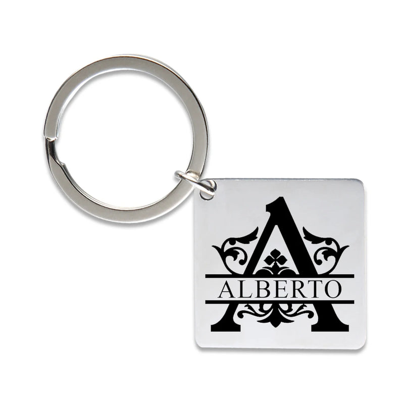 Engraved Name Initials Key Chain Square Stainless Steel Keychain