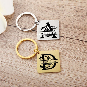 Engraved Name Initials Key Chain Square Stainless Steel Keychain