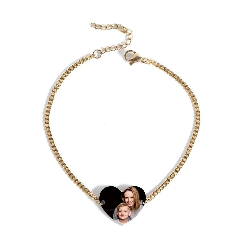 Engraved Name Photo Bracelet for Women Stainless Steel Heart ID Tag