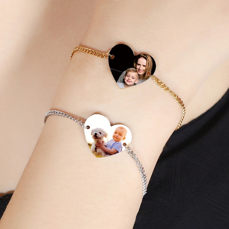 Engraved Name Photo Bracelet for Women Stainless Steel Heart ID Tag