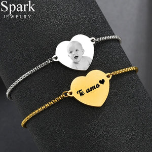 Personalized Name Photo Heart Baby Bracelet Stainless Steel Adjustable Chain