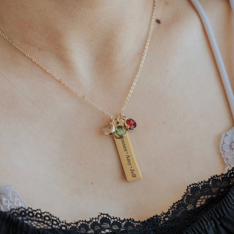 Engraved Names Date Mothers Necklace with Kids Names Child Birthstone Necklace