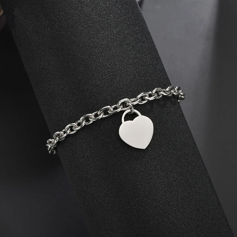 Engraved Names Date Stainless Steel Heart Pendant Bracelet