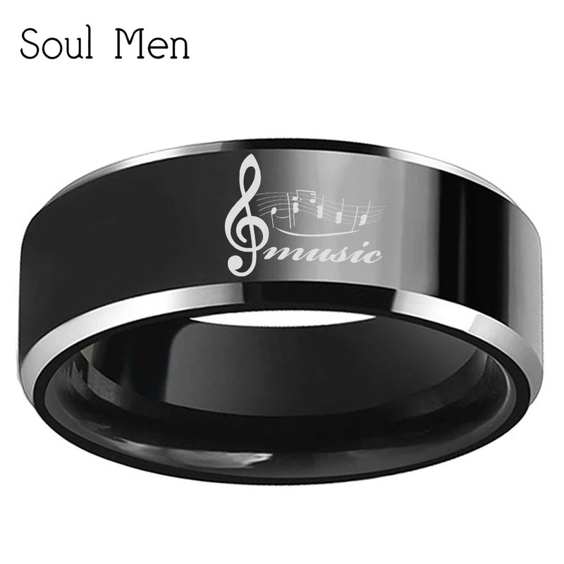 Music Note Line Engraved 8mm Tungsten Wedding Ring