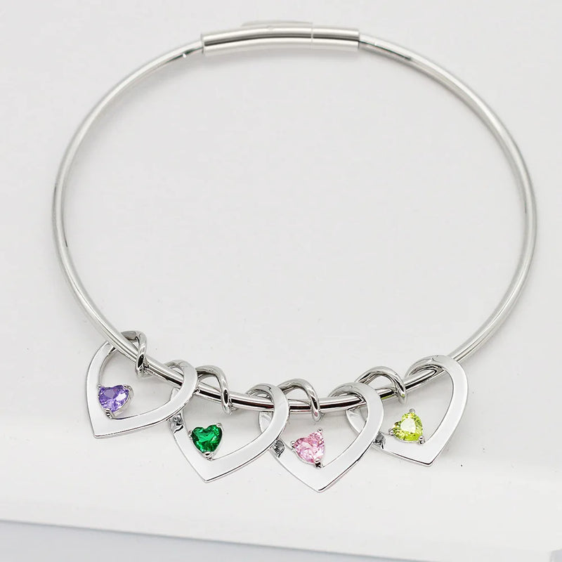 Personalized Family Names Heart Bangle with Birthstone Bracelet