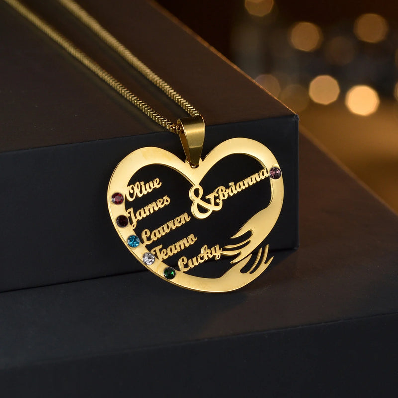 Personalized Family Names Necklace with Birthstone Heart Pendant