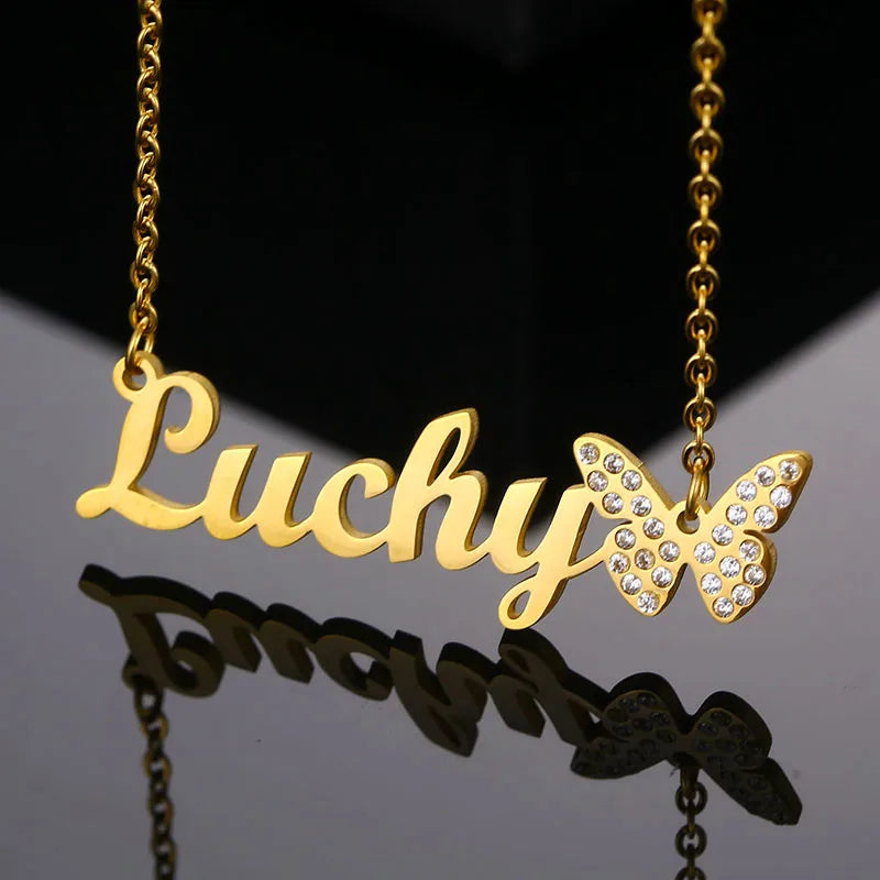 Personalized Stainless Steel Diamond Butterfly Name Necklace