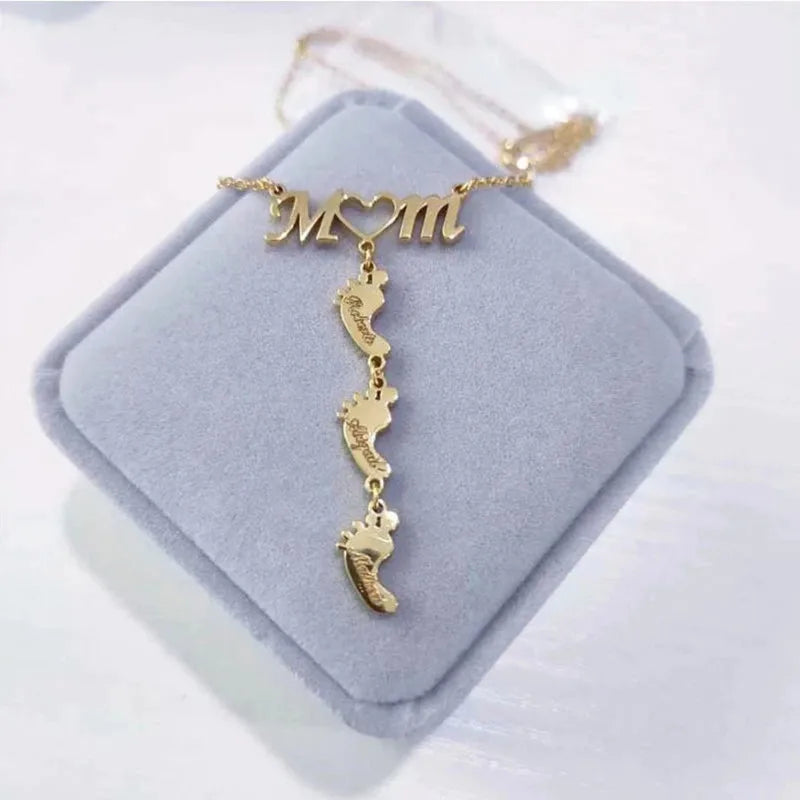 Baby Feet Name Mom Necklace Kids Birthday MAMA Engraved Stainless Steel