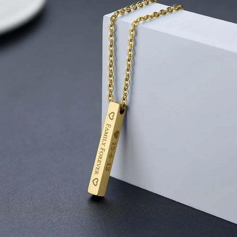 Engraved Name Square Bar Necklace Stainless Steel Pendant Gift
