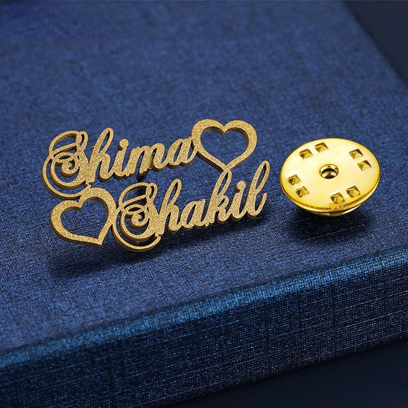 Frosted Brooch Stainless Steel Double Name Heart Shape Brooches